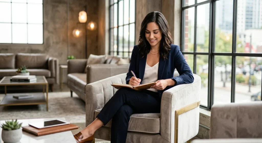 Abella Danger wearing a navy blue suit jacket while writing in a notebook in a modern lounge