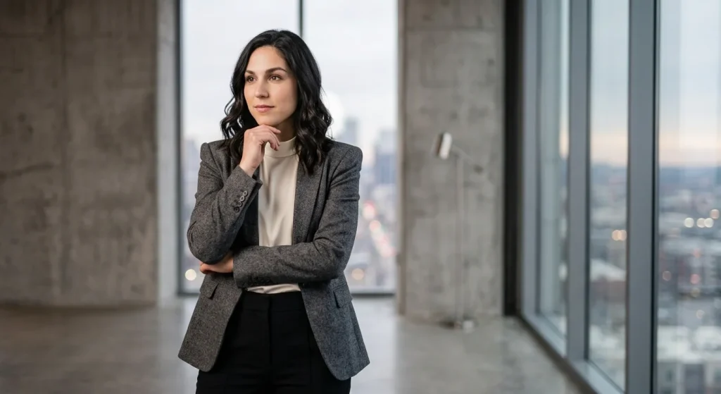 A thoughtful editorial portrait of Abella Danger wearing a grey blazer against a high-rise city window background