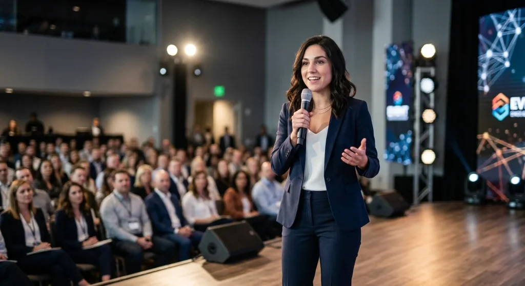 Abella Danger holding a microphone and addressing an audience from a stage while wearing a tailored suit