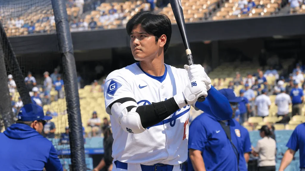 Shohei Ohtani net worth profile photo of the Dodgers star in batting practice
