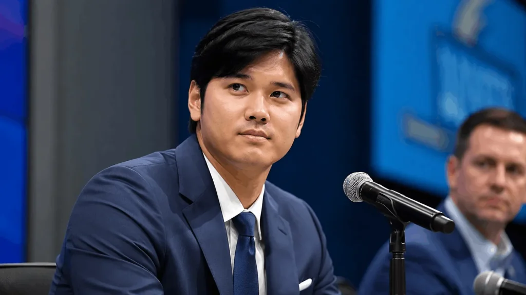 Shohei Ohtani net worth press conference photo discussing his finances