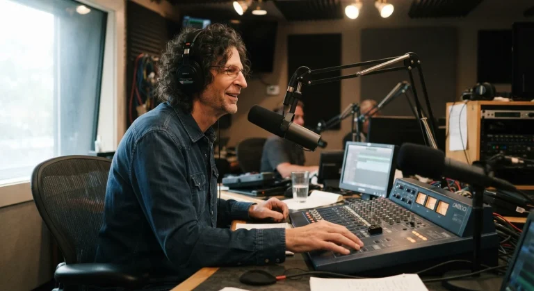 Howard Stern style radio host broadcasting from a studio