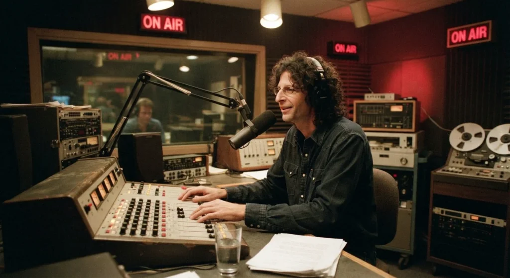 1990s style radio studio representing Howard Stern's terrestrial radio years