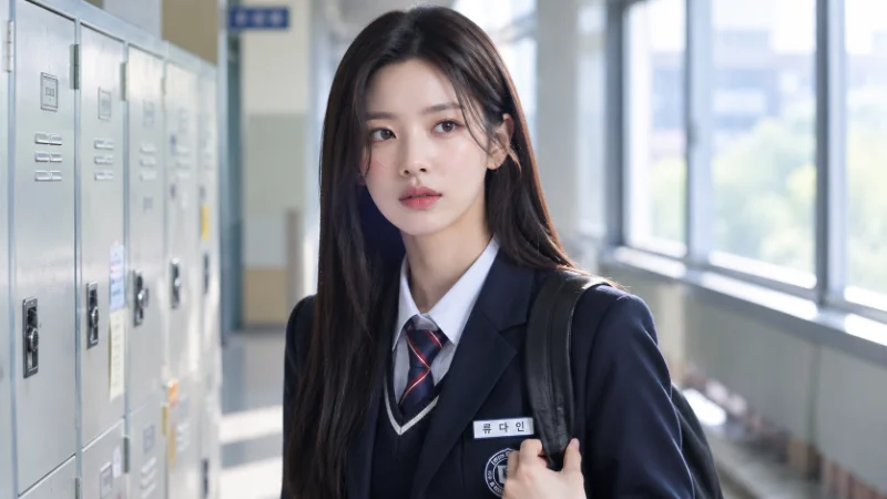 Ryu Da-in in character for a Korean school drama