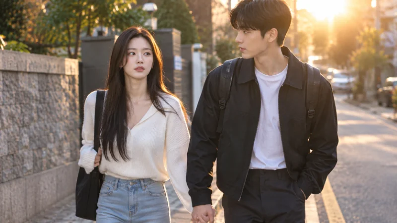 Ryu Da-in walking with her partner in a candid street photo
